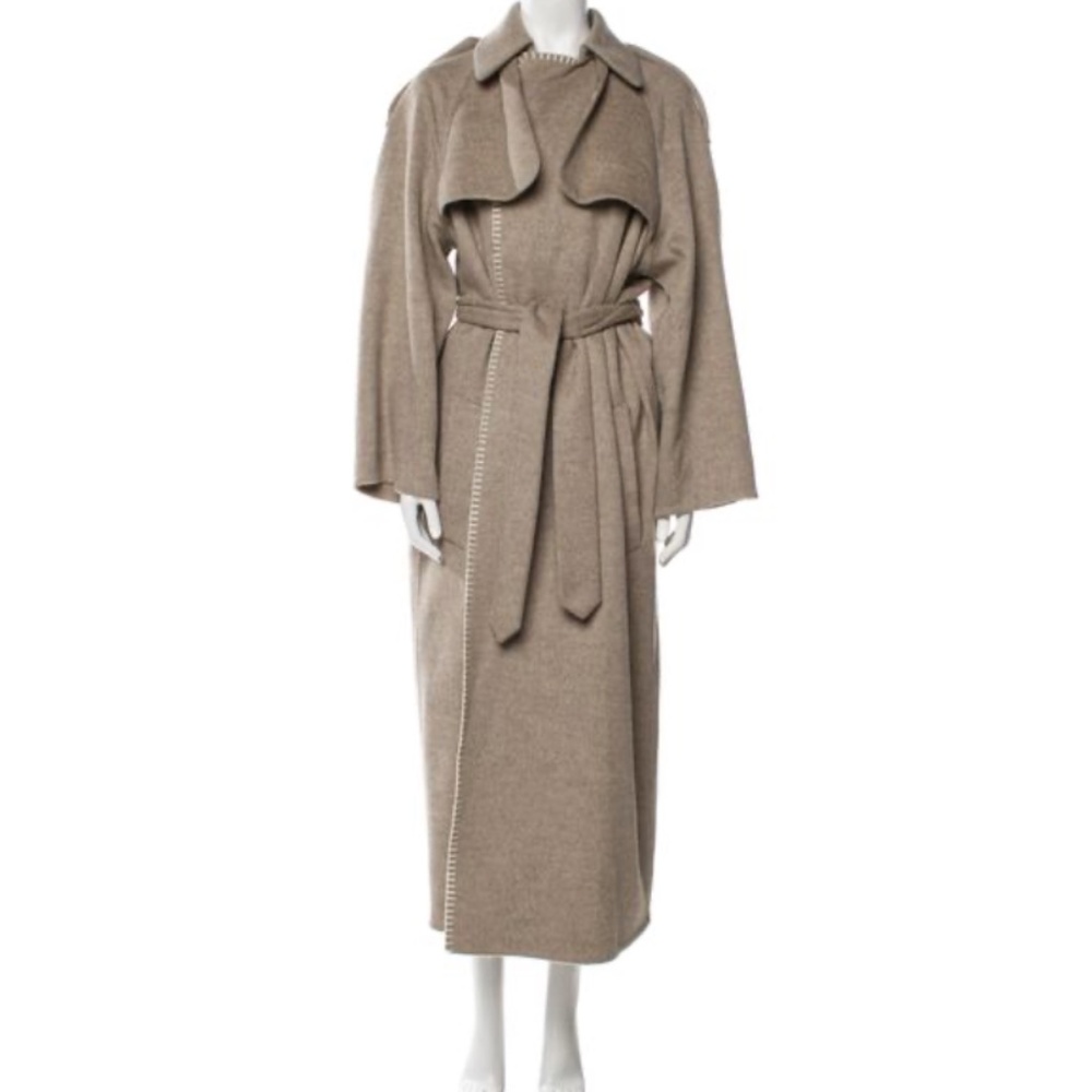 Khaite: Tan Long Cashmere and Wool white stitching detail coat